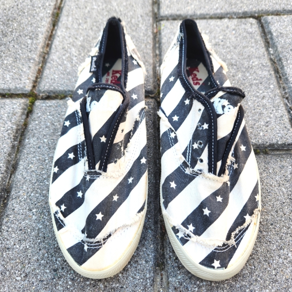 Keds Chillax Stars & Stripes Black/White Fringed Twill Slip-on Sneakers 7 RARE